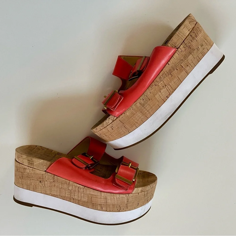 Red Cork Platform Slide Sandals with Buckle Straps